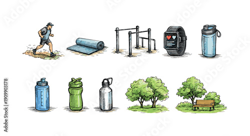 Outdoor fitness colored icon set. jogging, cycling, workout gear colorful collection