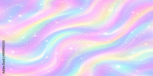 A vibrant abstract background features a colorful rainbow swirl of smooth motion lines and bright fractal curves flowing across a blue and green textured vector wallpaper with stars