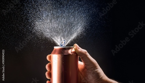 a refreshing soft drink can is opened by a hand releasing a spray against a dark backdrop
