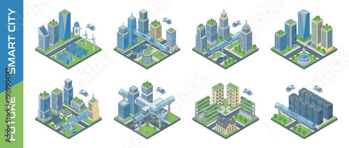 Isometric future smart city concept set with sustainable urban architecture, green energy solutions like solar panels and wind turbines, futuristic transport systems, and high-tech infrastructure.