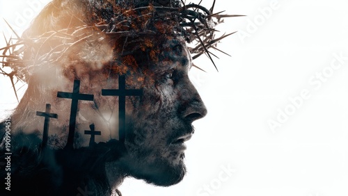 double exposure portrait of Jesus Christ with crown of thorns merging with silhouette of three crosses on calvary on white background