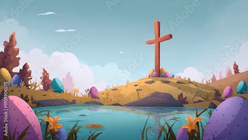 Happy easter day design with holy cross with easter eggs over landscape background vector illustration 