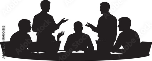Silhouette of a group of people in a circular meeting, engaged in discussion and collaboration
