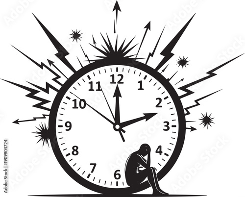 Frustrated silhouette man sitting next to a large clock with exploding elements, symbolizing stress and deadlines