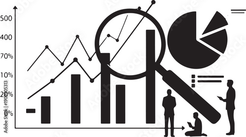 Business analytics with charts, graphs, and magnifying glass, with silhouetted people observing data