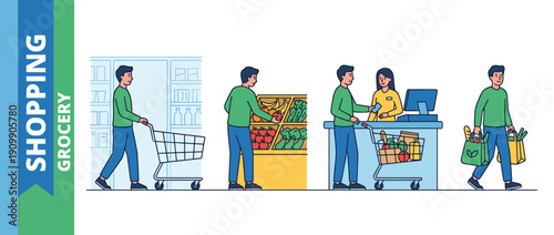 Grocery Shopping Process Illustration: Man Entering Supermarket with Cart, Selecting Fresh Produce, Paying at Checkout Counter with Cashier, and Carrying Full Bags of Healthy Food Home.