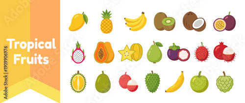 Set of colorful tropical exotic fruits flat vector icons featuring mango, pineapple, banana, kiwi, coconut, passion fruit, dragon fruit, papaya, starfruit, mangosteen, rambutan, durian, and lychee.