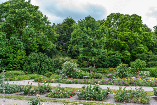 фотографія The Botanical Garden of Augsburg in Germany with garden pathes and topiary boxwo