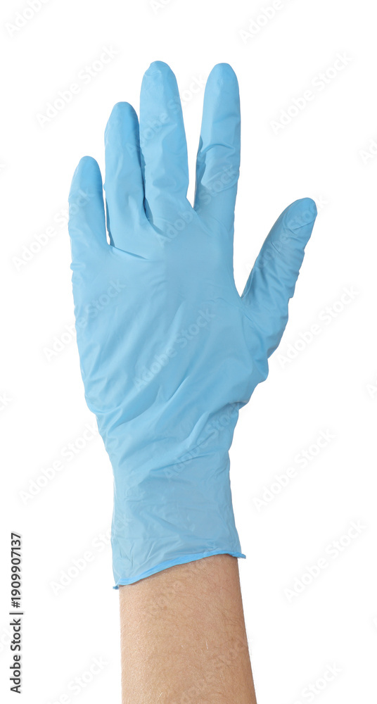 Obraz premium Medical worker with blue glove on white background, closeup