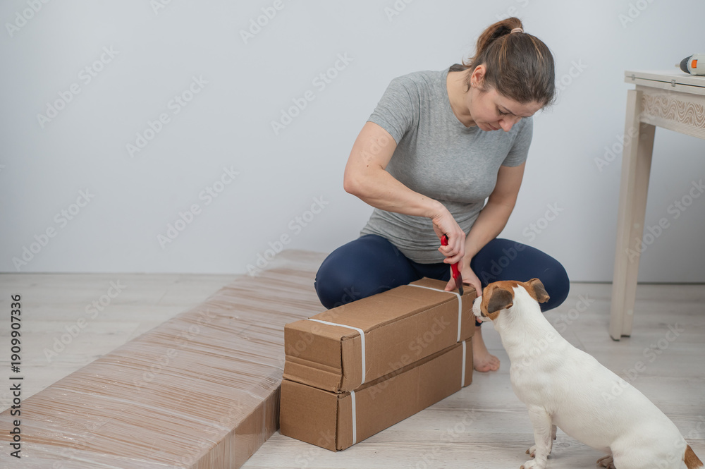 Fototapeta premium A Caucasian woman unpacks a box of furniture.