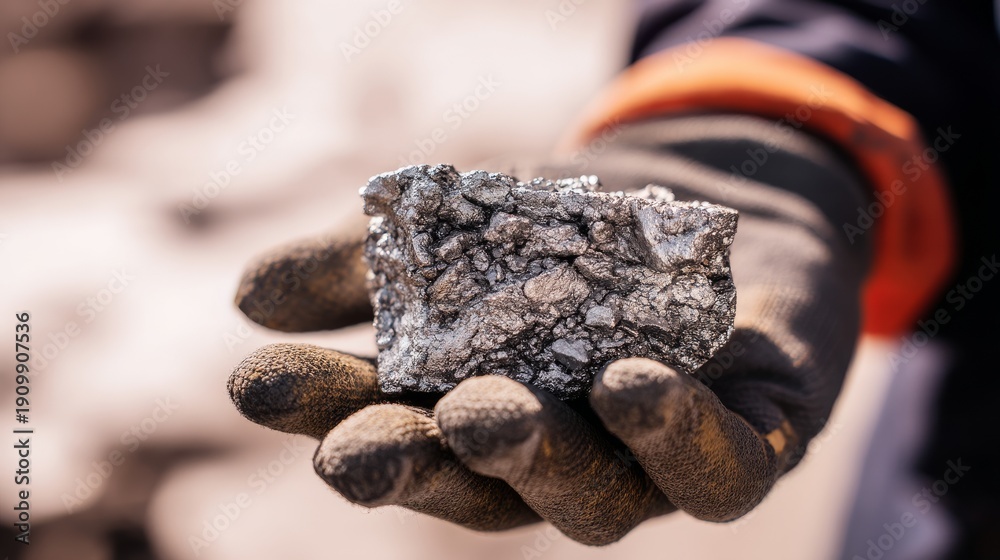 Fototapeta premium Holding raw silver ore while wearing protective gloves in a mining area during daylight hours