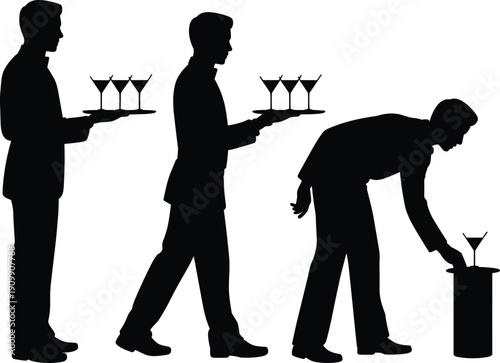 Waiter serving cocktails silhouettes with tray and guest placing glass isolated on white background for hospitality service, bar, restaurant concept, minimal vector illustration