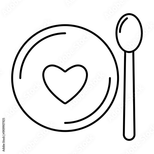 Charity sign of plate and spoon with heart. Free food. Aid for low-income and homeless people. Vector linear illustration.