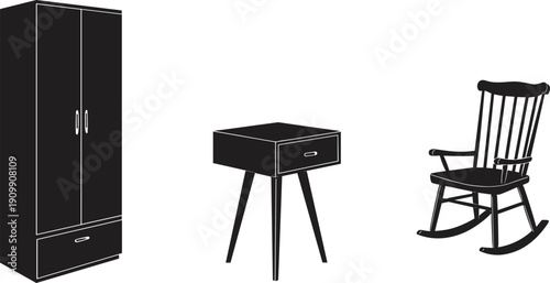 Set of home furniture silhouettes with wardrobe, bedside table, and rocking chair vector