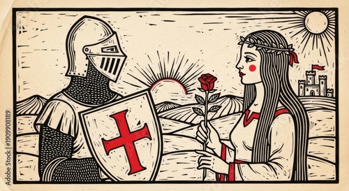Medieval knight in shining armor offering shield with red cross to fair maiden holding red rose in sunlit field with distant castle and rolling hills woodcut style illustration