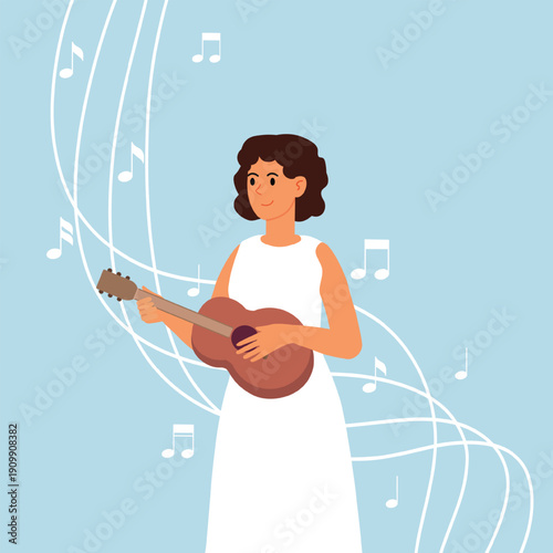 Girl plays ukulele. Musical illustration with young beautiful female musician on stage. Musical notes around.
