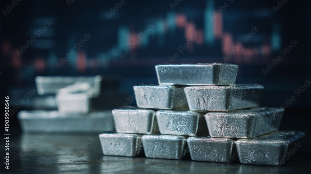 Obraz premium Stacked ingots in front of a blurred trading chart showing market activity and silver price movements