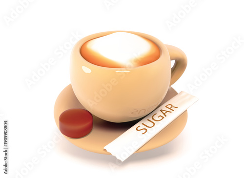 Coffee Cup with Saucer and Macaron 3D Vector Icon illustration