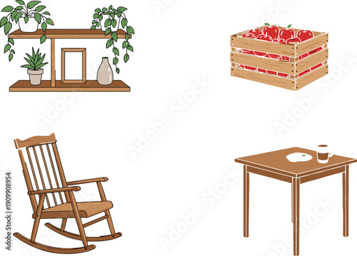 Set of wooden furniture and home decor with shelf, rocking chair, and apple crate vector