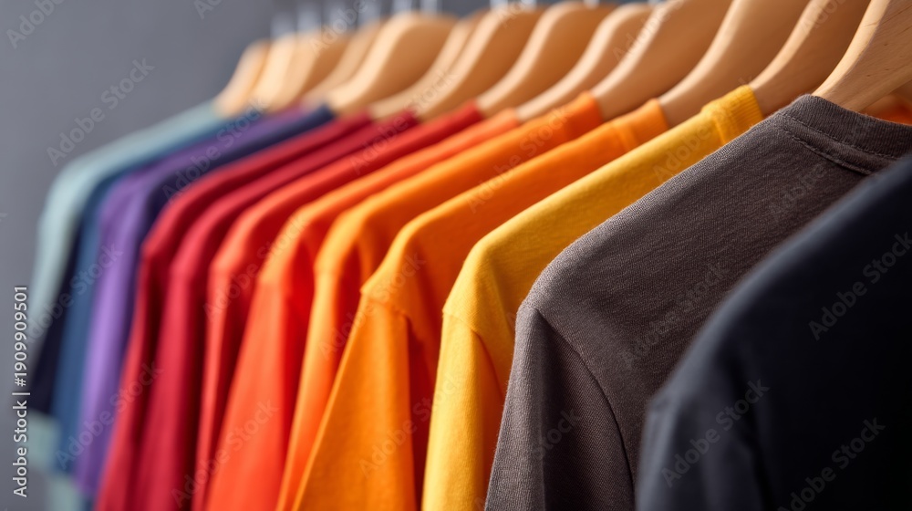 Fototapeta premium T-shirt collection displayed in gradient colors at clothing store on a bright day