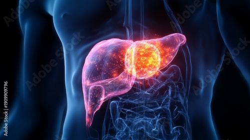 Visualization shows glowing tumor mass in pancreas area to highlight pancreatic cancer effects on the body
