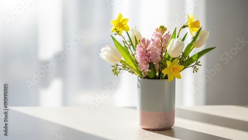 Floral arrangement in vase with sunlight
