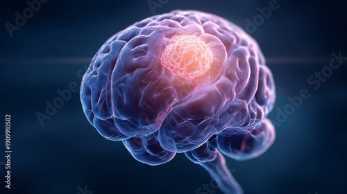 Illustration showing brain cancer with luminous mass located in the center of the brain demonstrating tumor's presence and characteristics