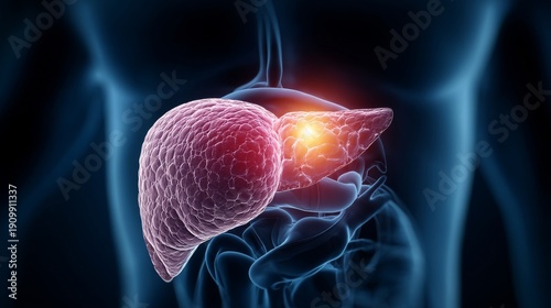 Illustration showing luminous tumor area in liver with focus on cancer detection and medical studies