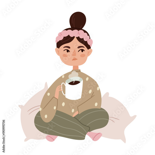 Cozy girl sitting on pillows with cup of coffee. Scandinavian minimalism illustration in soft pastel tones, hygge lifestyle aesthetic, modern nordic home decor vibe.