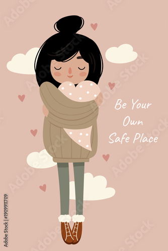 Cute girl wrapped in cozy scarf with inspirational quote. Scandinavian minimalism illustration in warm neutral tones. Hygge aesthetic, self love and comfort concept for nursery decor.