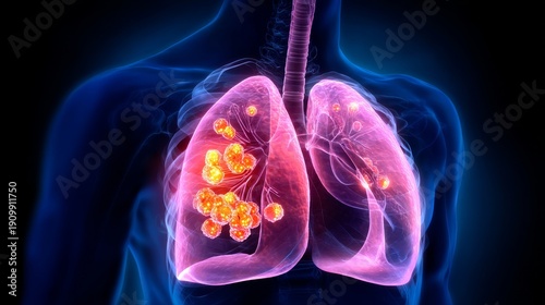 Cancer anatomy illustration showing internal organs with highlighted cancer cells located in the lungs and other areas of the body