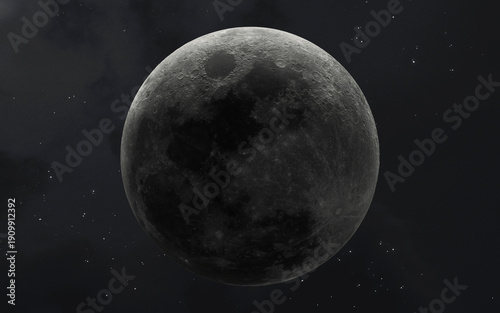Highly detailed full moon sphere showing craters and surface textures against a dark starry space background, perfect for astronomical concepts