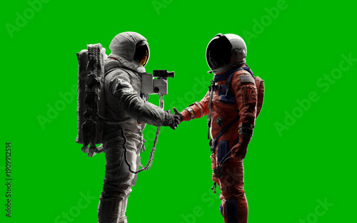 Two astronauts from different eras shaking hands, symbolizing the connection between historic and modern lunar exploration missions - Artemis and Apollo. Greenscreen