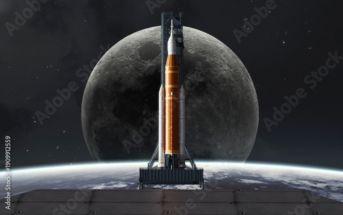 The Artemis II Space Launch System (SLS) mega-rocket awaits launch on the pad with the Moon centered behind its tip, symbolizing humanity's return to the lunar surface