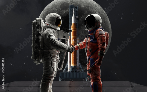 Two astronauts from different eras shaking hands, symbolizing the connection between historic and modern lunar exploration missions - Artemis and Apollo