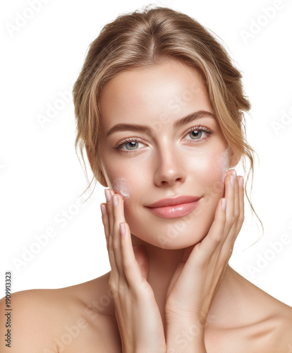 Skincare routine essentials young woman applying cream portrait clean aesthetic, isolated on transparent background, png