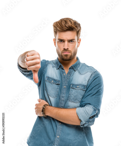 Disapproving man's gesture portrait neutral human emotion, isolated on transparent background, png