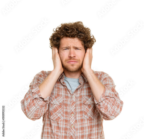 Struggling with loud noises urban emotional portrait distressed individual view, isolated on transparent background, png