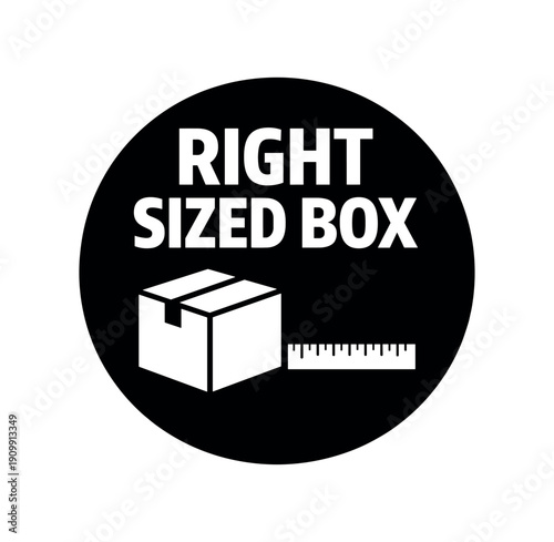 Flat vector badge RIGHT SIZED BOX simple white box with ruler