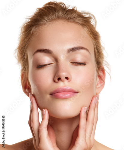 Facial skincare routine portrait bright environment beauty concept, isolated on transparent background, png