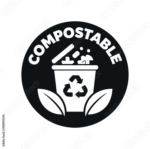 Flat vector badge COMPOSTABLE simple white leaf with compost bin