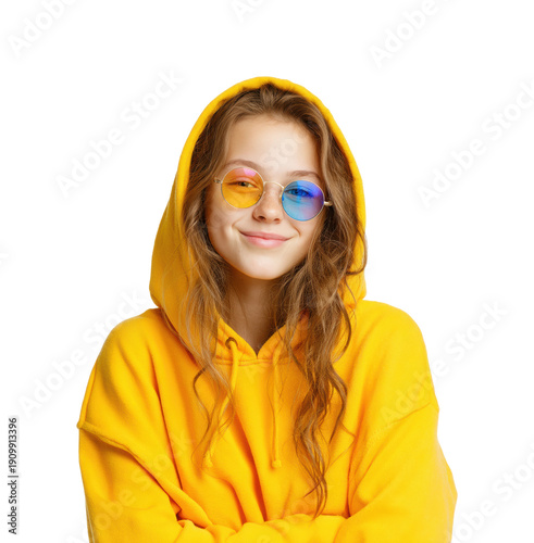 Creative portrait of a young girl in yellow hoodie with colorful glasses, isolated on transparent background, png