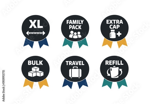 six separate flat vector ribbon badges badge solid black circle with two ribbon ( ) : XL ruler arrows icon FAMILY PACK users icon EXTRA CAP container plus icon BULK stacked boxes icon