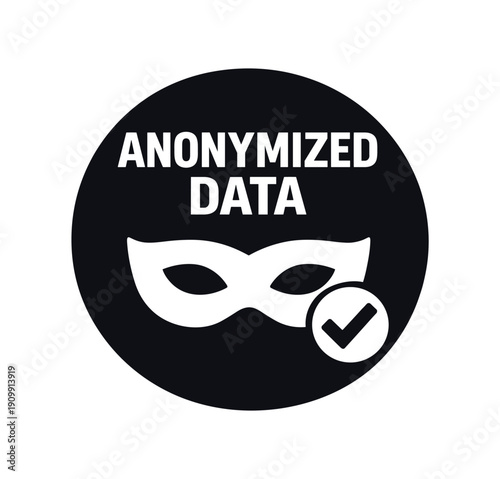 Flat vector badge ANONYMIZED DATA simple white mask with checkmark