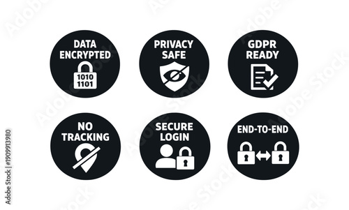 six separate flat vector badges badge solid black circle with the text consistent style and size badge texts and : DATA ENCRYPTED lock binary icon PRIVACY SAFE shield eye slash icon GDPR