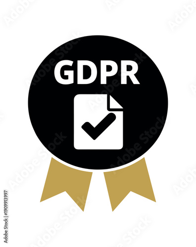 Flat vector ribbon badge GDPR simple white document with checkmark two ribbon below circle