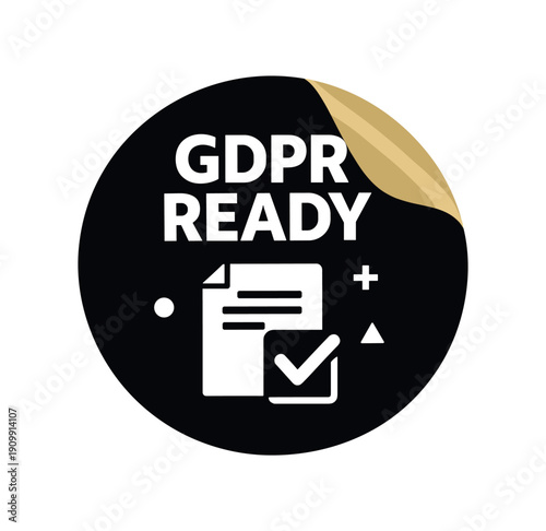 Flat vector sticker peel badge solid black sticker with peeled corner GDPR READY simple white document with checkmark