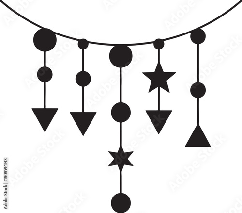 Black silhouette garland of assorted shapes including circles stars triangles and dots hanging on transparent background.