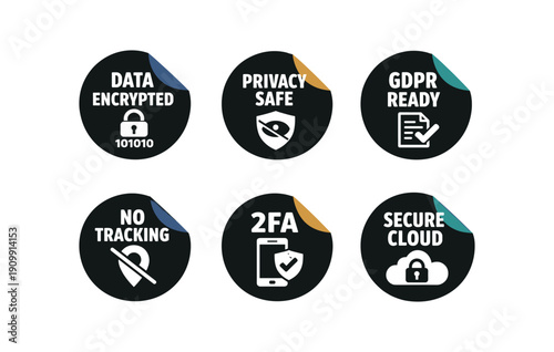 six separate flat vector sticker peel badges badge solid black circle sticker with peeled corner ( ) : DATA ENCRYPTED lock binary icon PRIVACY SAFE shield eye slash icon GDPR READY doc