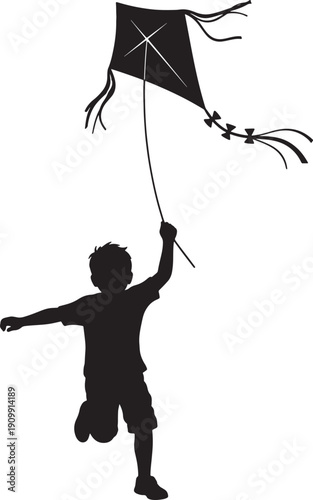 Silhouette of a boy joyfully running with a flying kite, capturing childhood play and outdoor fun